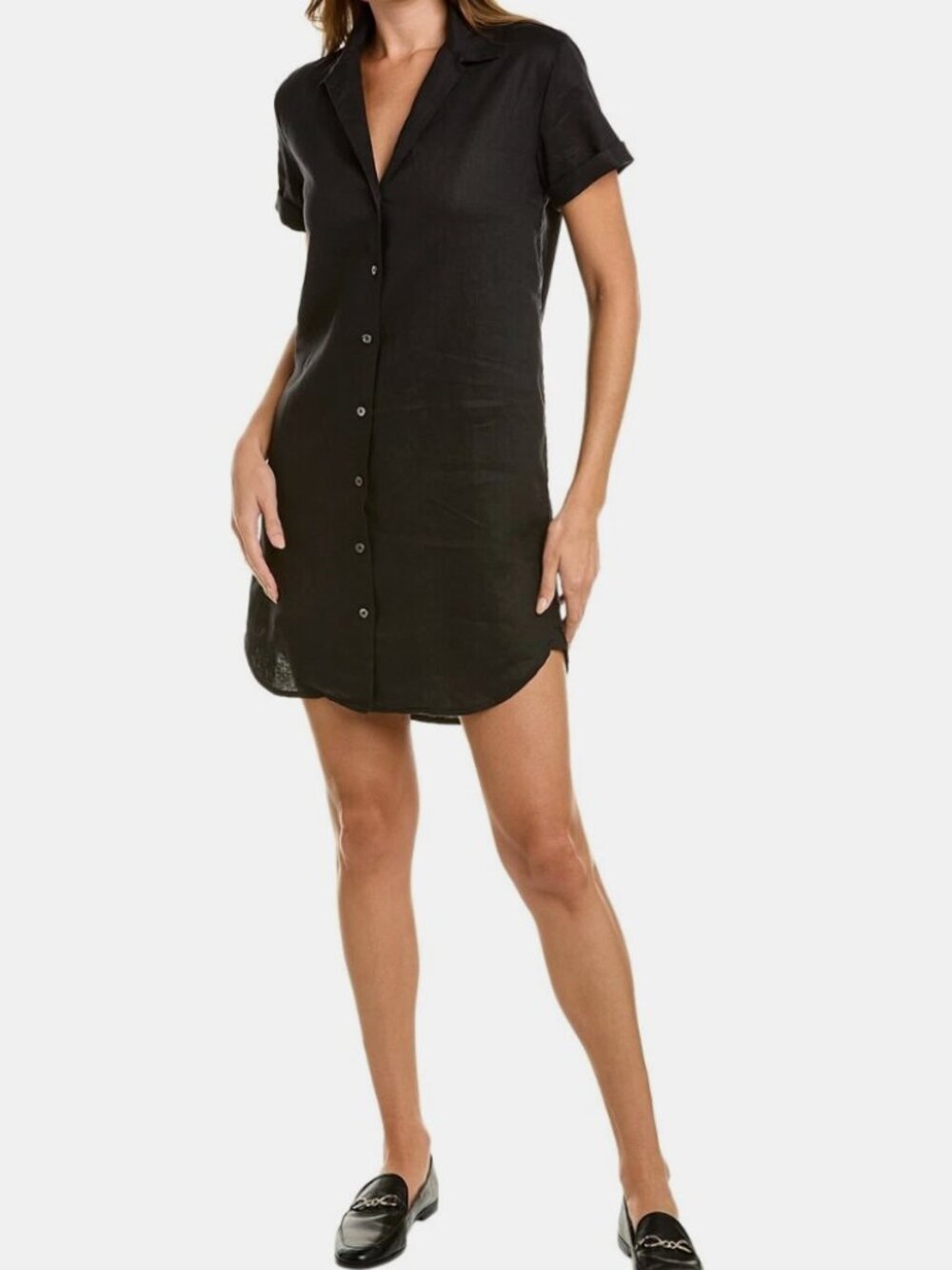 James Perse Button-Down Linen Shirt Dress, Black, Size 2